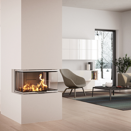 VISIO 3 Holz-Kamineinsatz VISIO 3 passt als dreiseitiger Kamin perfekt zwischen Wohnraum und Küche