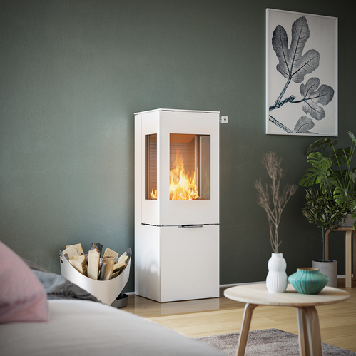 NEXO 120 in Weiss mit Stahltür Holz-Kaminofen NEXO 120 in Weiss mit Stahltür und zwei Seitenfenstern vor grüner Wand in dekorativem Wohnraum