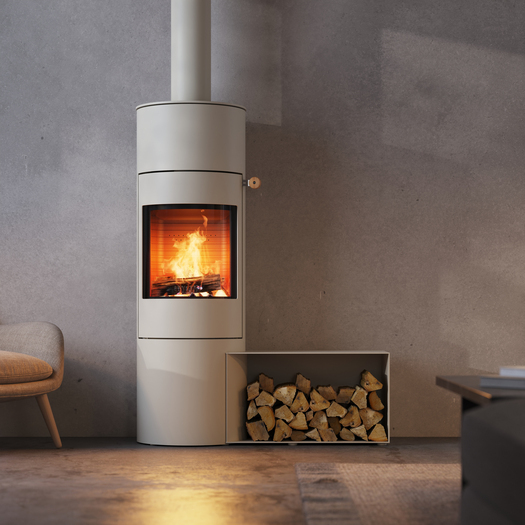 VIVA 140 L in der Farbe Sand Holz-Kaminofen VIVA 140 L in der Farbe Sand mit Stahltür und Seitenbank