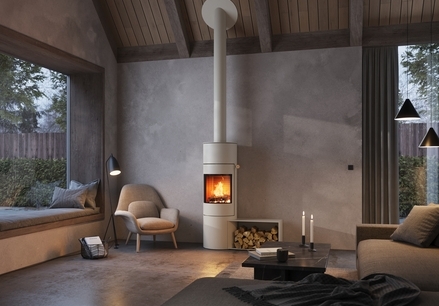VIVA 140 L in der Farbe Sand mit Seitenbank Holz-Kaminofen VIVA 140 L in der Farbe Sand mit Seitenbank in einer modernen Wohnung in Erdtönen